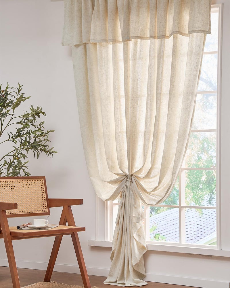 jinchan Linen Blend Light Filtering Curtains 38W x 96L Inch Beige for Living Room Farmhouse Boho Curtains Attached Valances Hooks Drapes 2-Panel Set - Image 3